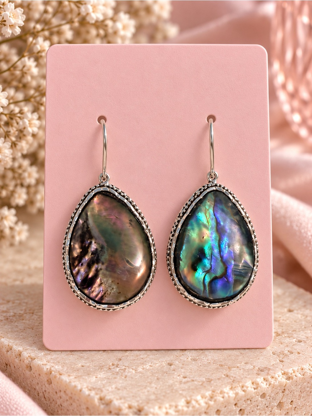 Abalone Teardrop Dangle Earrings - Iridescent Green/Blue